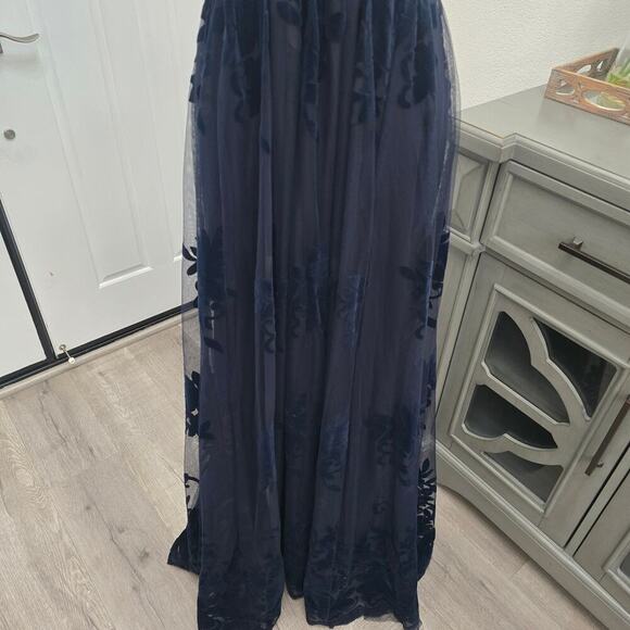 Women’s Navy Mesh Floral Burnout Cocktail Maxi Dress M Romantic Elegant Evening - Picture 3 of 13